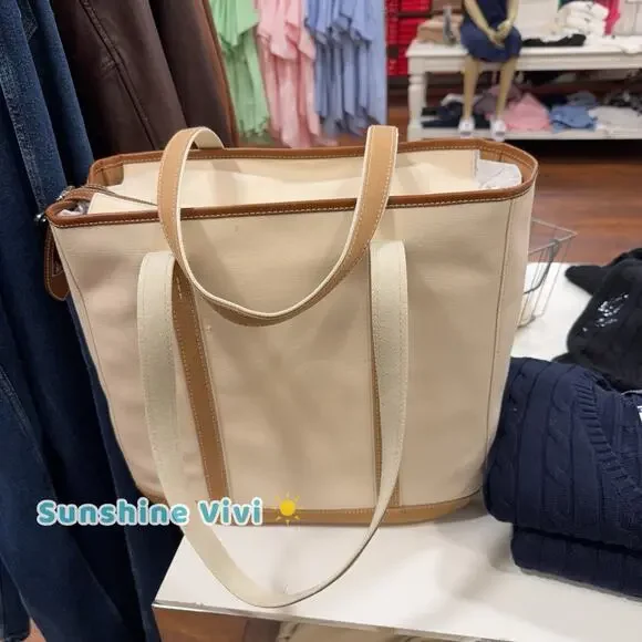 NWT Polo Ralph Lauren Women's Leather-Trim Canvas Medium Shopper Tote Ecru/Cuoio